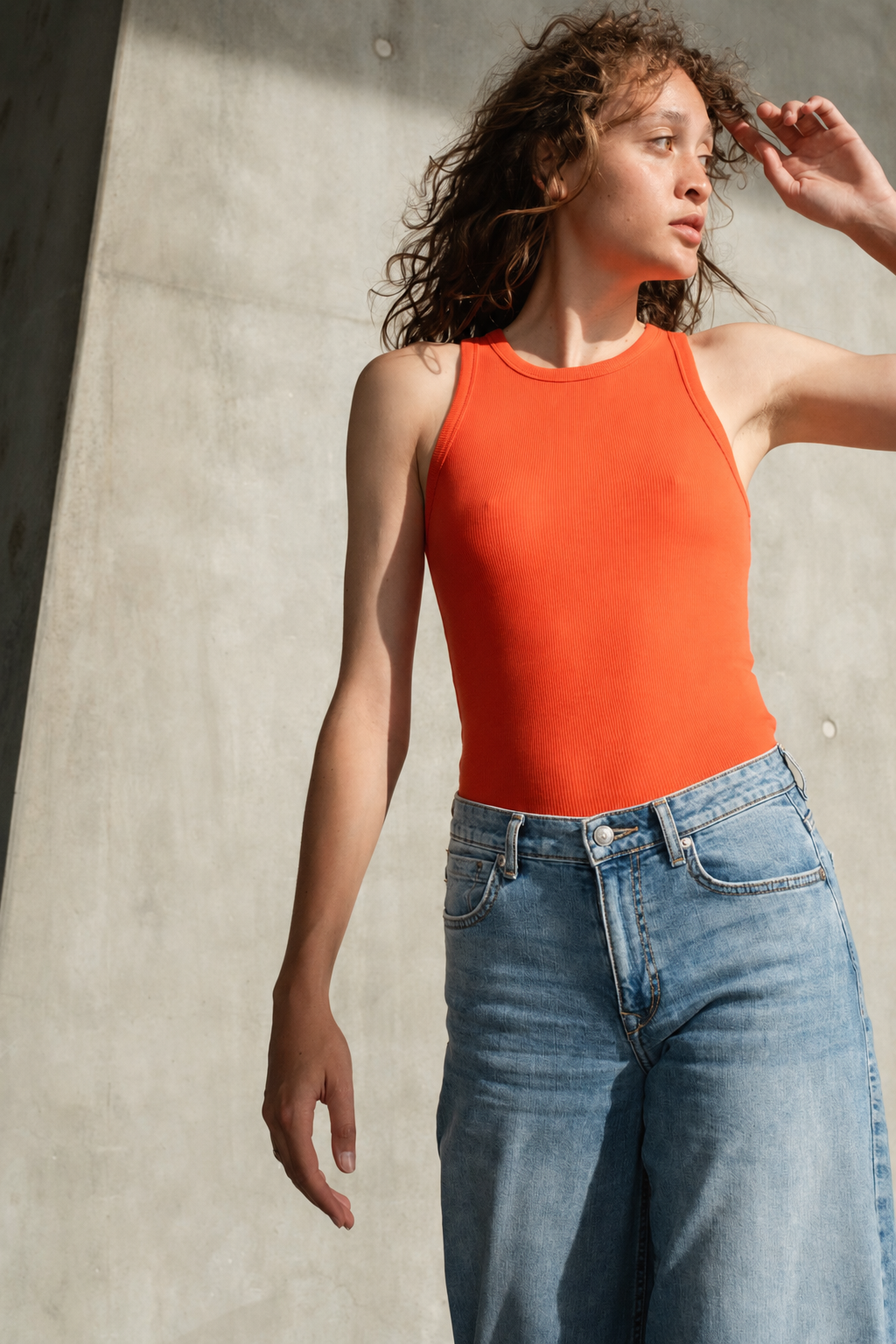Debardeur Femme top marcel Orange en coton EXTENSIBLE côtelé