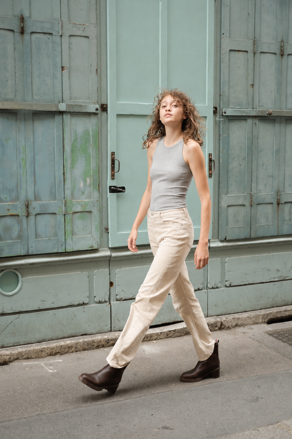 Femme en Débardeur top marcel gris en coton côtelé extensible