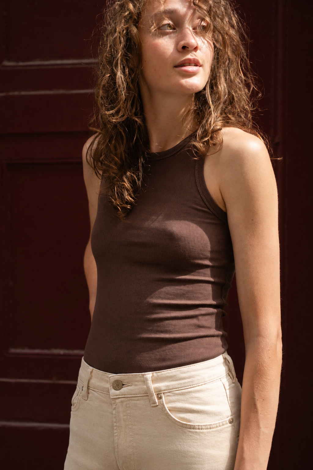 Débardeur femme top marcel Marron en coton extensible