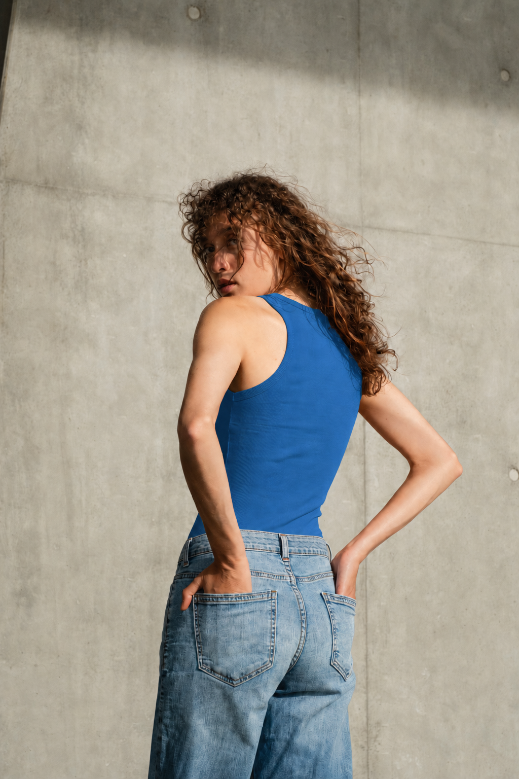 Debardeur Femme Top Marcel Bleu en coton côtelé
