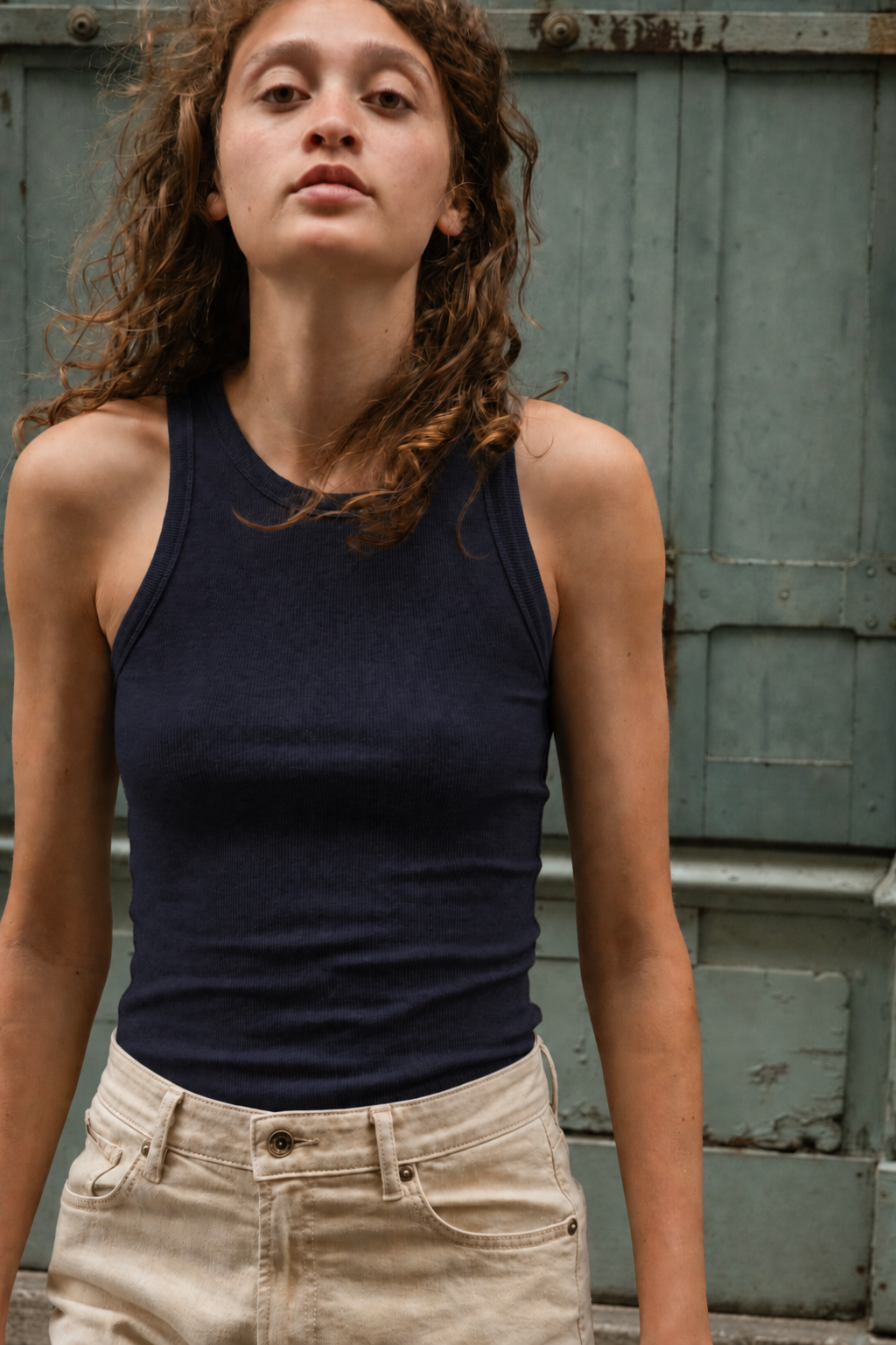 débardeur femme top marcel bleu marine en coton extensible premium