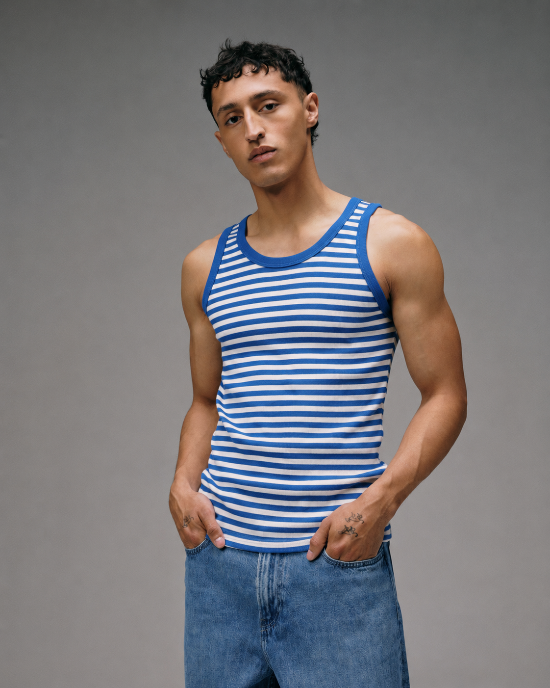 Débardeur Homme Marcel rayé bleu écru en coton bio