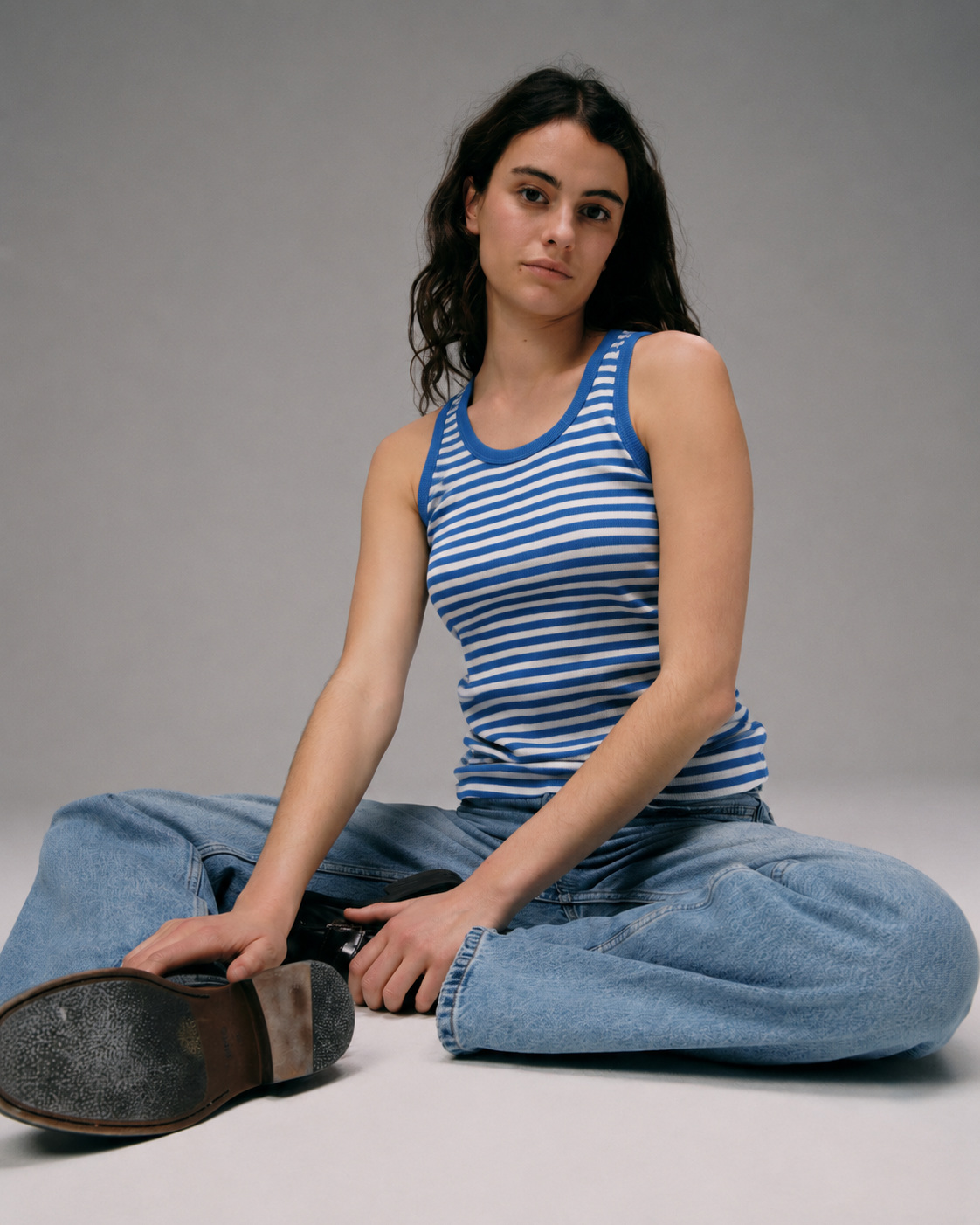 Débardeur Femme Marcel rayé bleu écru en coton bio