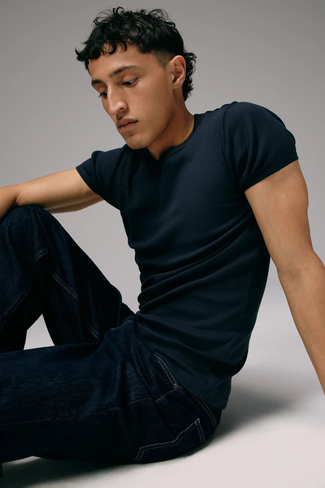 t-shirt bleu pour hommes en coton côtelé