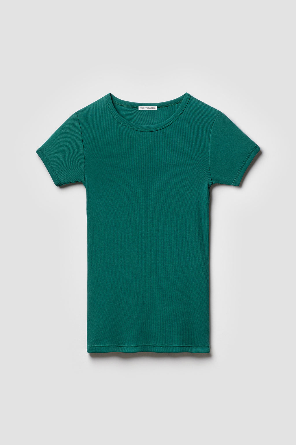 Maillot de corps vert émeraude à manches courtes en coton Pima côtelé, vue de face sur fond clair.