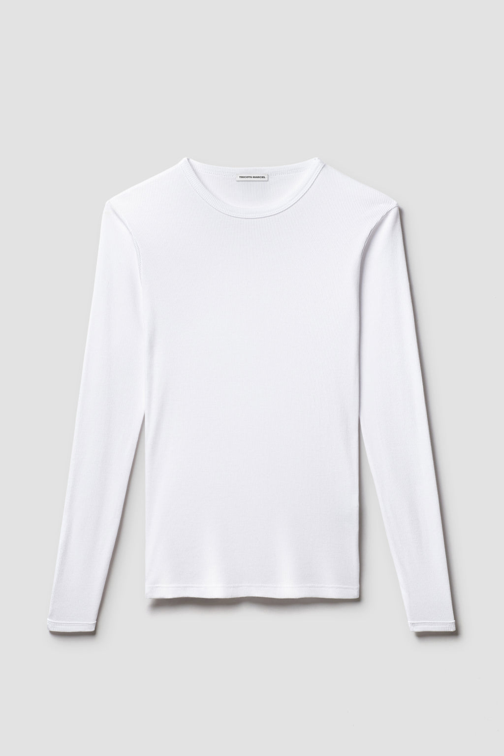 Maillot de corps blanc à manches longues en coton Pima côtelé, vue de face sur fond clair.