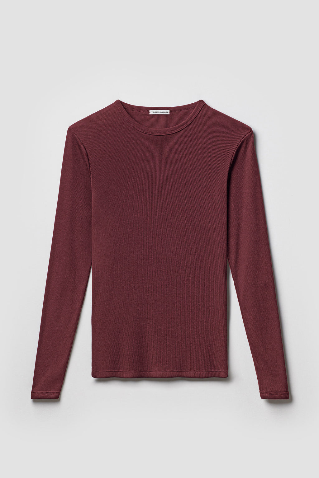 Maillot de corps bordeaux à manches longues en coton Pima côtelé, vue de face sur fond clair.