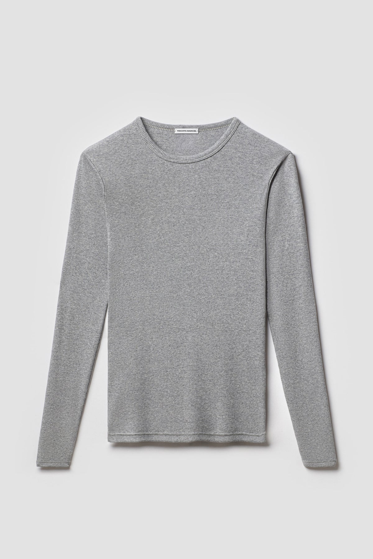 Maillot de corps gris chiné à manches longues en coton Pima côtelé, vue de face sur fond clair.