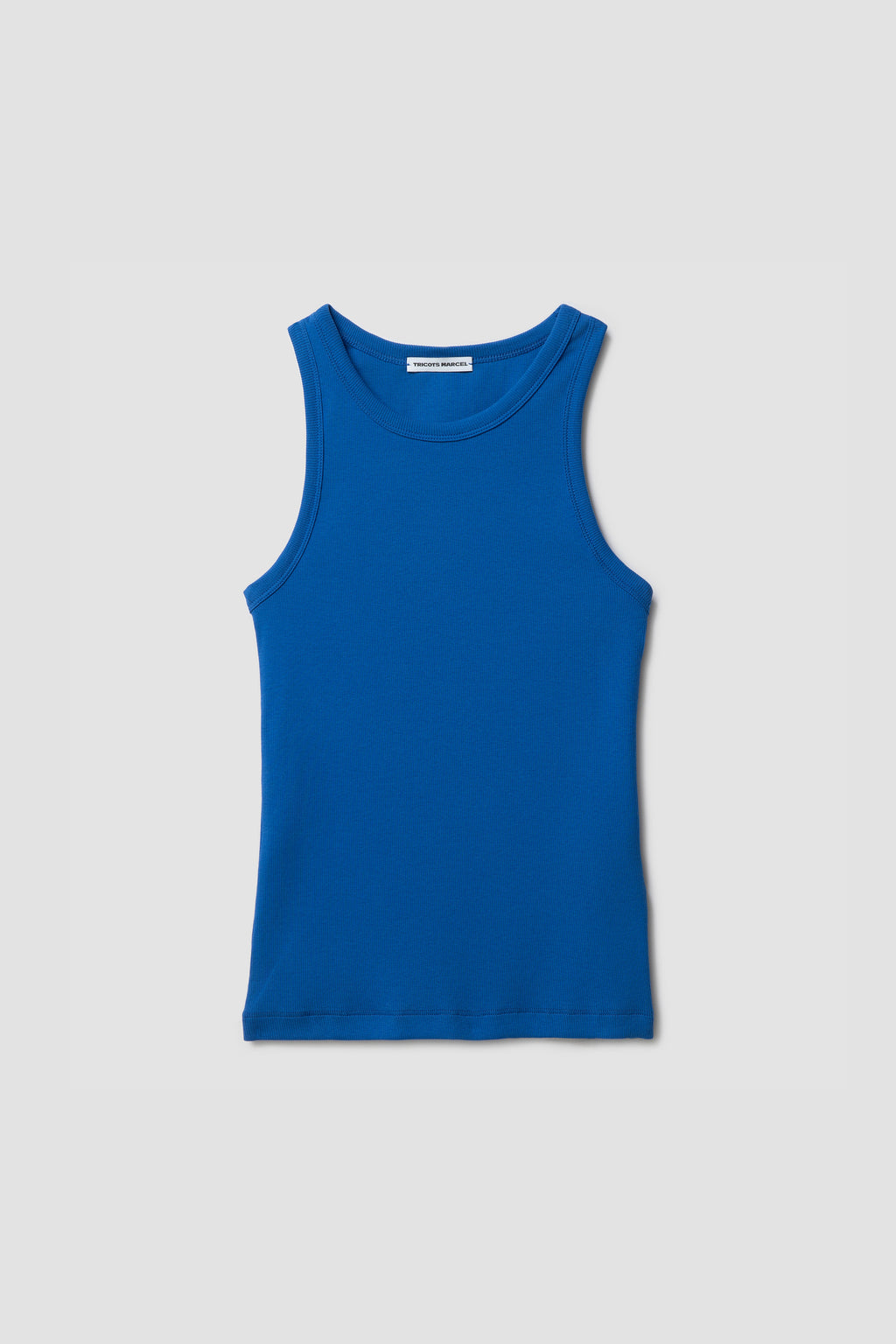 Débardeur Top Marcel bleu femme en coton Pima et élasthanne, vue de face à plat.