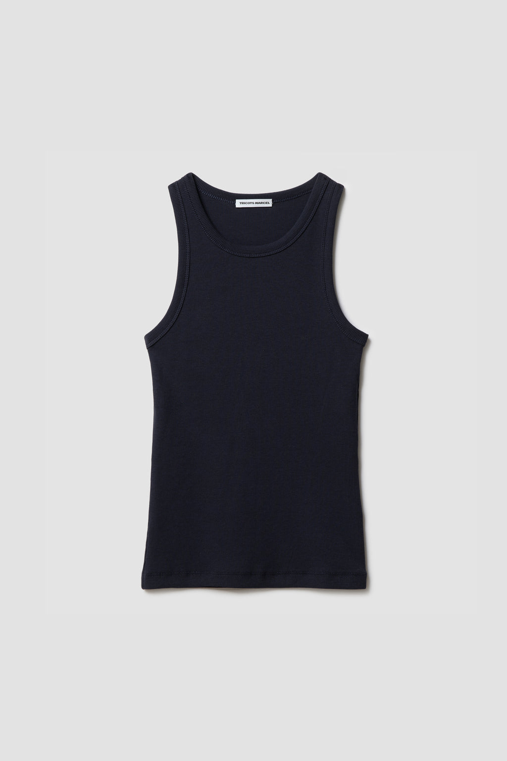 Débardeur Top Marcel bleu marine femme en coton Pima et élasthanne, vue de face à plat.