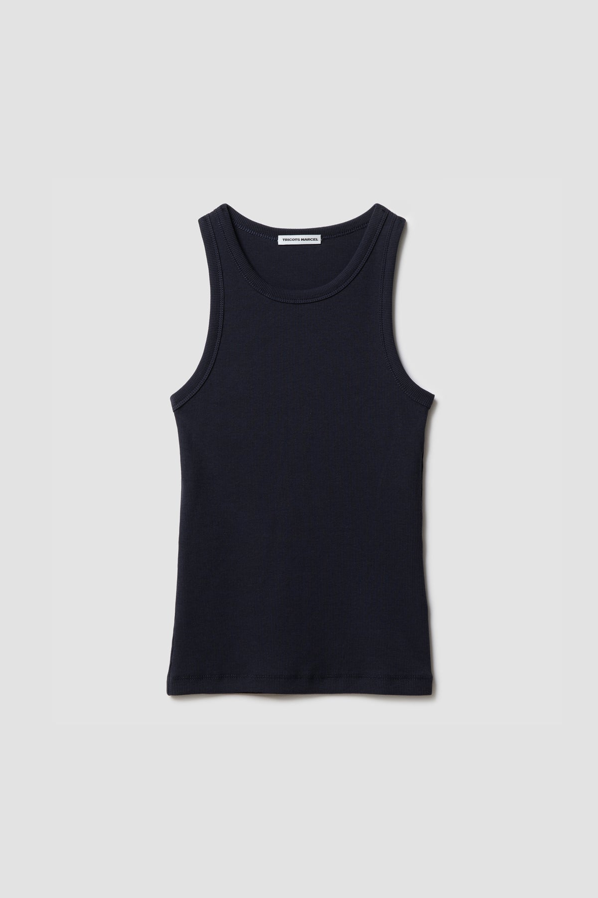 Débardeur Top Marcel bleu marine femme en coton Pima et élasthanne, vue de face à plat.