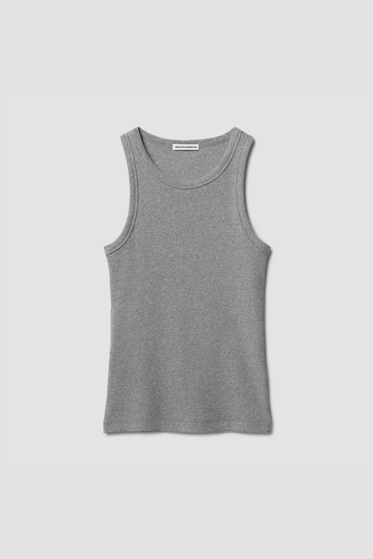 Débardeur Top Marcel gris femme en coton Pima et élasthanne, vue de face à plat.