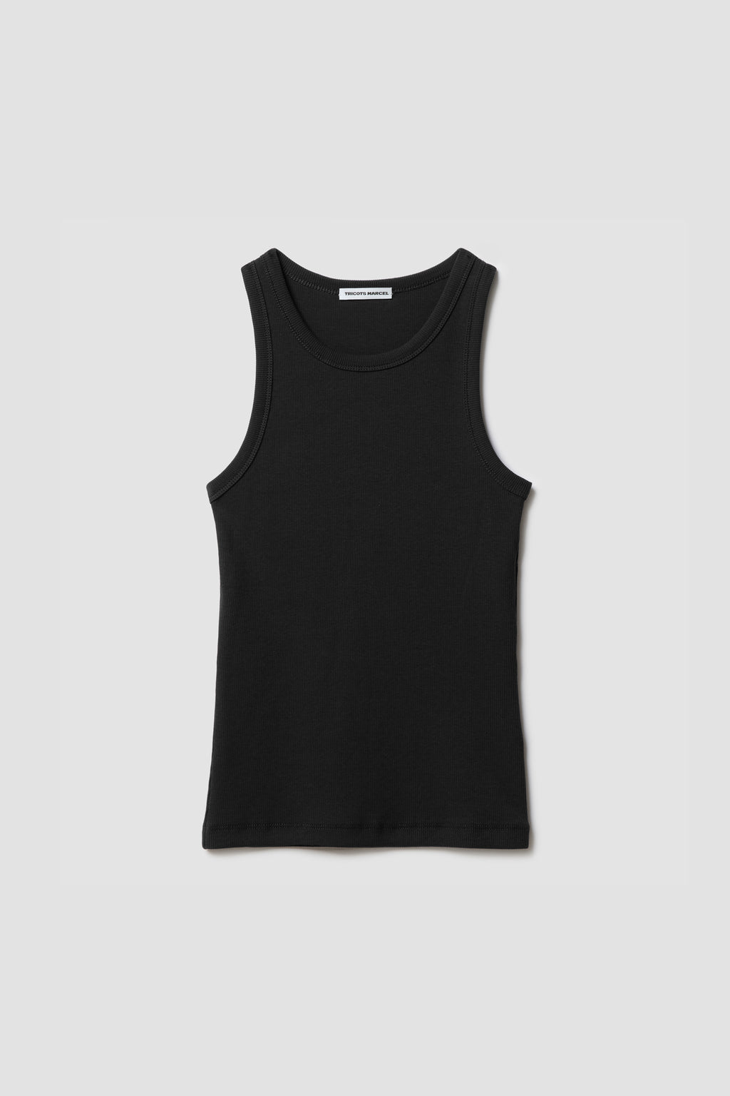 Débardeur Top Marcel noir femme en coton Pima et élasthanne, vue de face à plat.