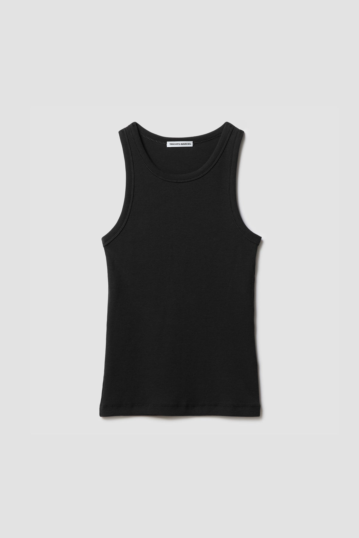 Débardeur Top Marcel noir femme en coton Pima et élasthanne, vue de face à plat.